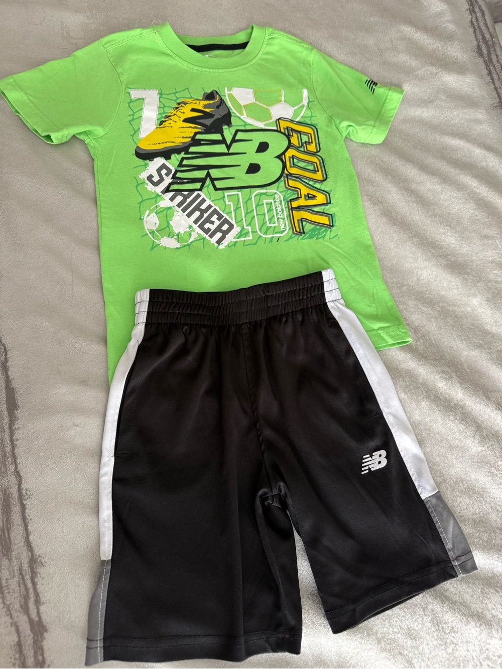 Kids New Balance Neon Green Soccer Graphic Tee and Black Shorts